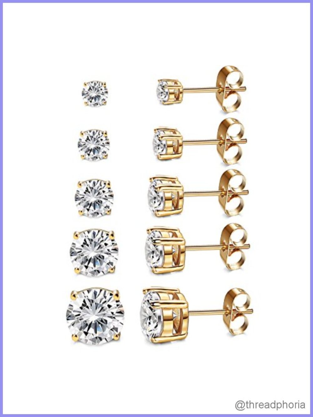 14K Gold Plated CZ Stud Earrings Hypoallergenic 5 Pair Set